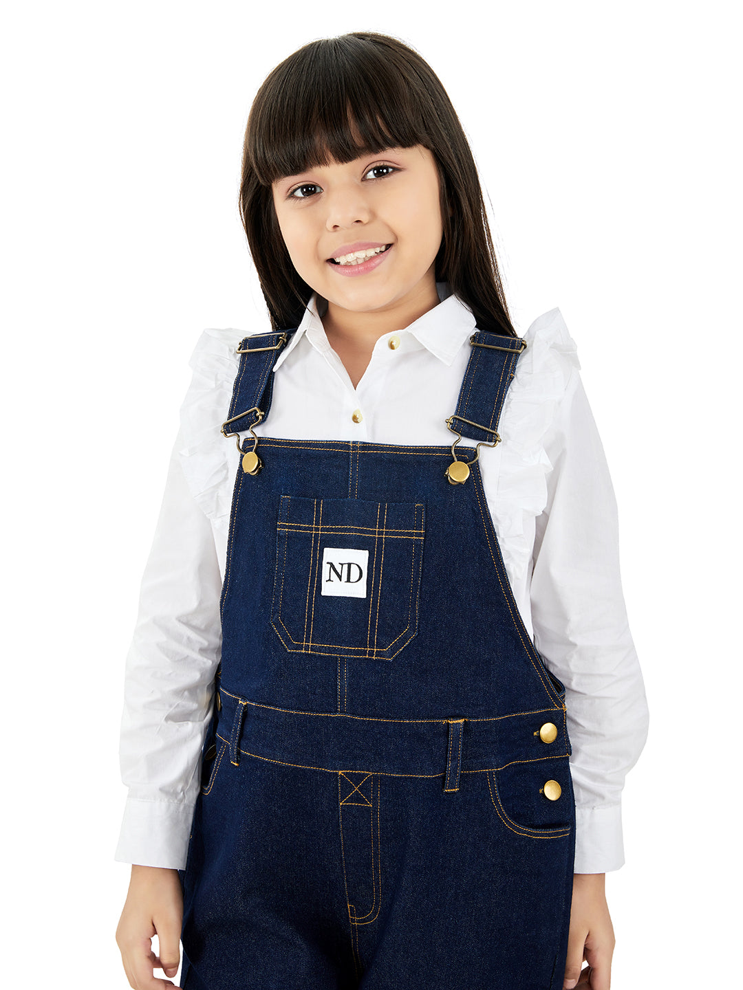 Close Up of Girls Raw Cotton Denim Vanilla Dungaree