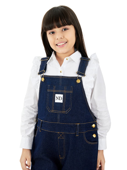Close Up of Girls Raw Cotton Denim Vanilla Dungaree