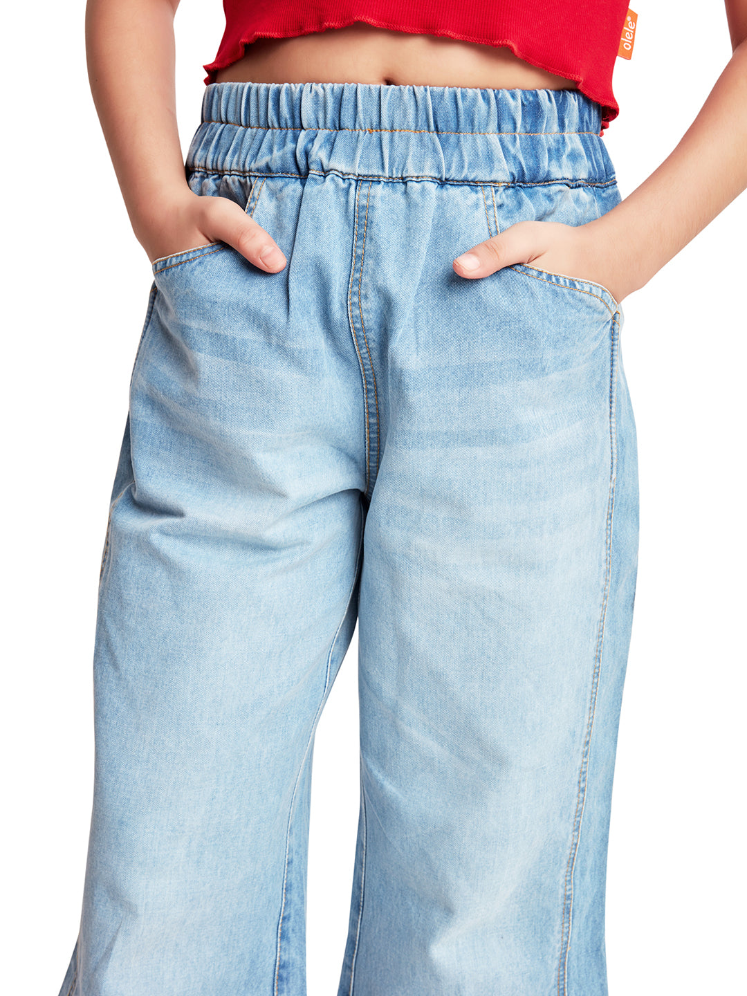 Olele® Girls Side Slit Relaxed Fit Jeans Pant - Cotton Denim