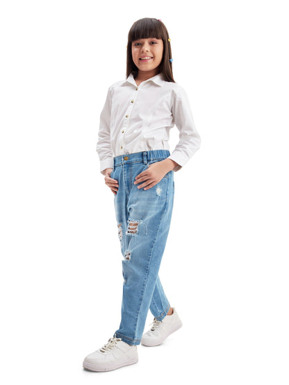 Left Side View of Olele® Girls Regular Fit Stretchable Distressed Wash Vanilla Jeans Pant - Cotton Denim