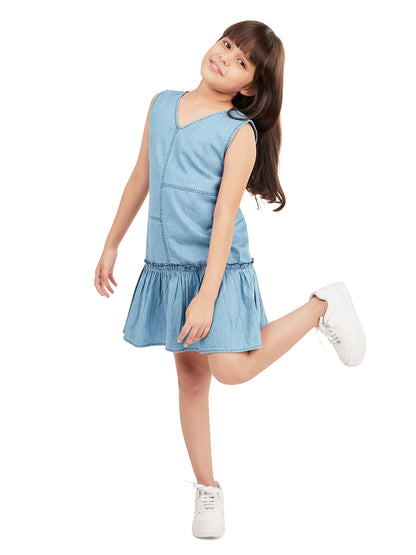 Olele® Girls Rohtak Ruffle Cotton Denim Dress - Light Blue