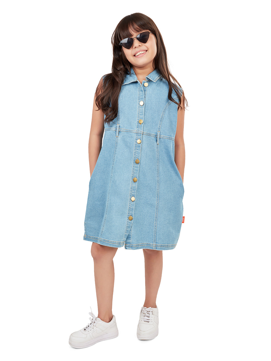 Olele® Girls Dallas Denim Sleeveless Collar Dress  - Light Blue