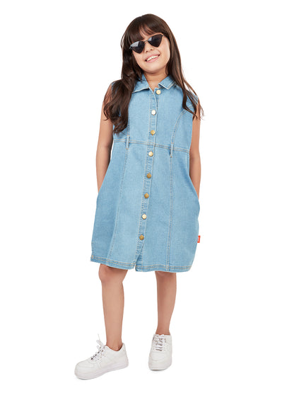Olele® Girls Dallas Denim Sleeveless Collar Dress  - Light Blue