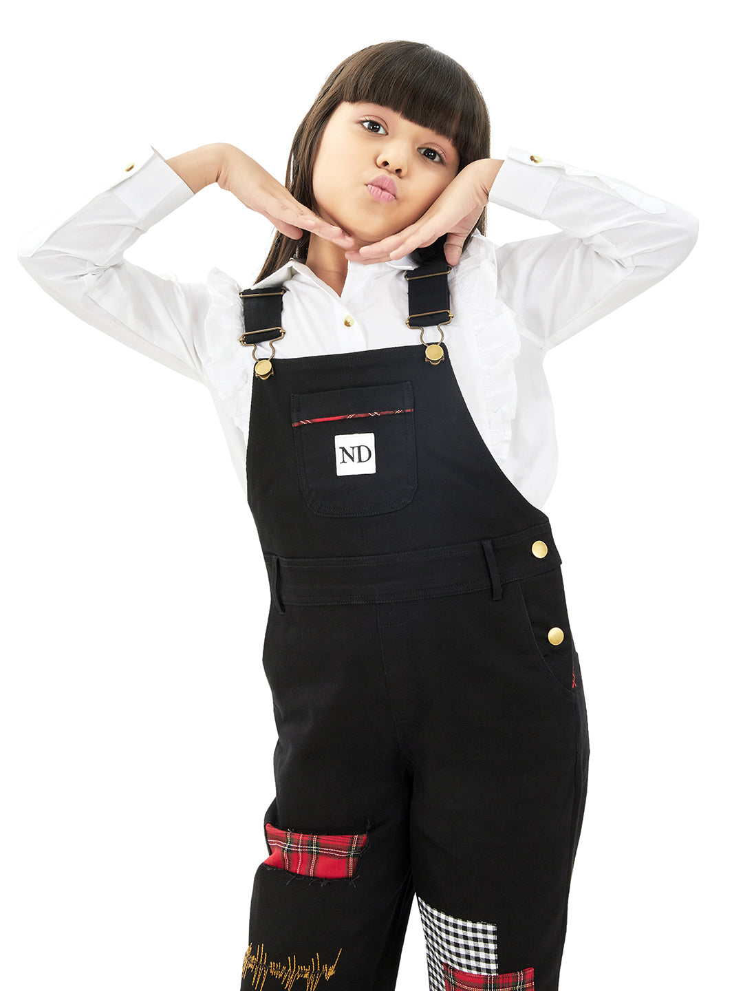 Olele®  Full Length BTS Black Patch Work Cotton Dungaree - Girls