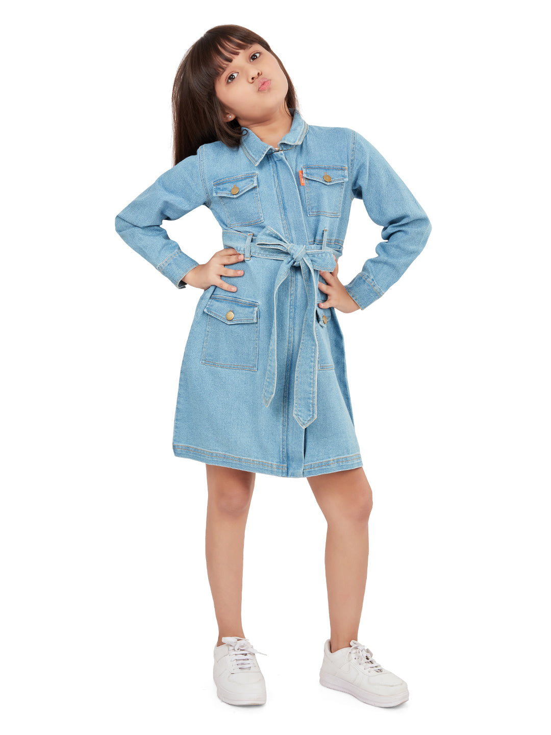 Olele® Girls Utility Cotton Denim Full Sleeve Dress - Blue