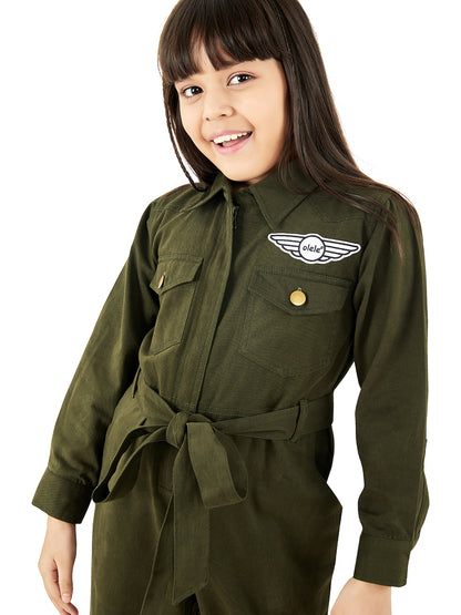 Olele® Girls Brooklyn Boiler Suit with Zipper Opening - Olive Cotton
