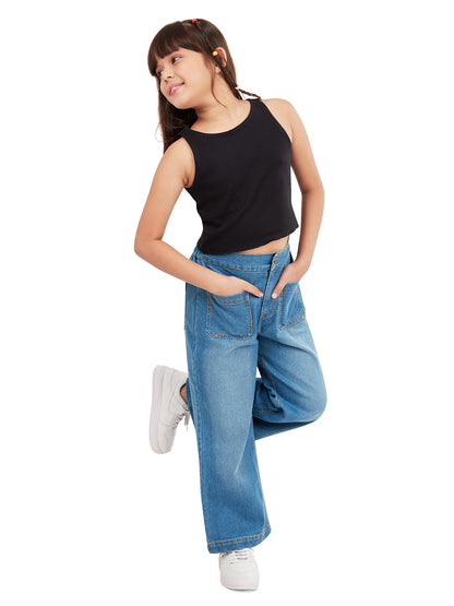 Olele® Girls Windsor Wide Leg Cotton Denim Jeans Regular Fit Stretchable (Elasticated Waist)  - Indigo Blue