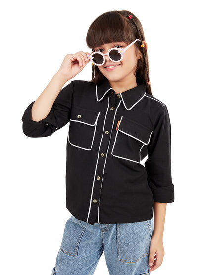 Olele® Girls Piping Art Cotton Full Sleeves Shirt - Black