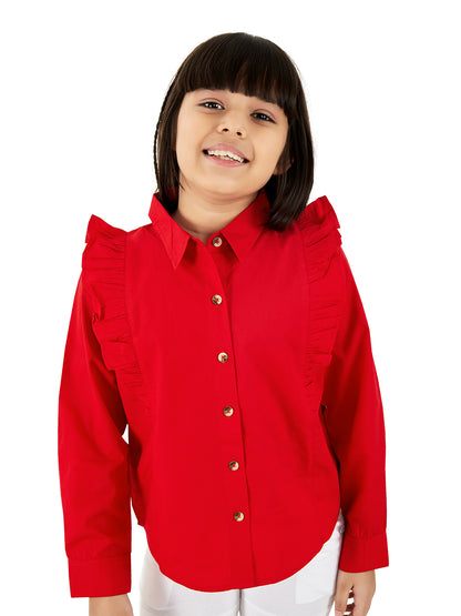 Olele® Girls Regina Full Sleeve Cotton Linen Shirt - Red