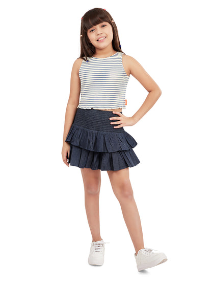 Olele® Girls Cotton Denim Smocked Skirt with Safety Pant