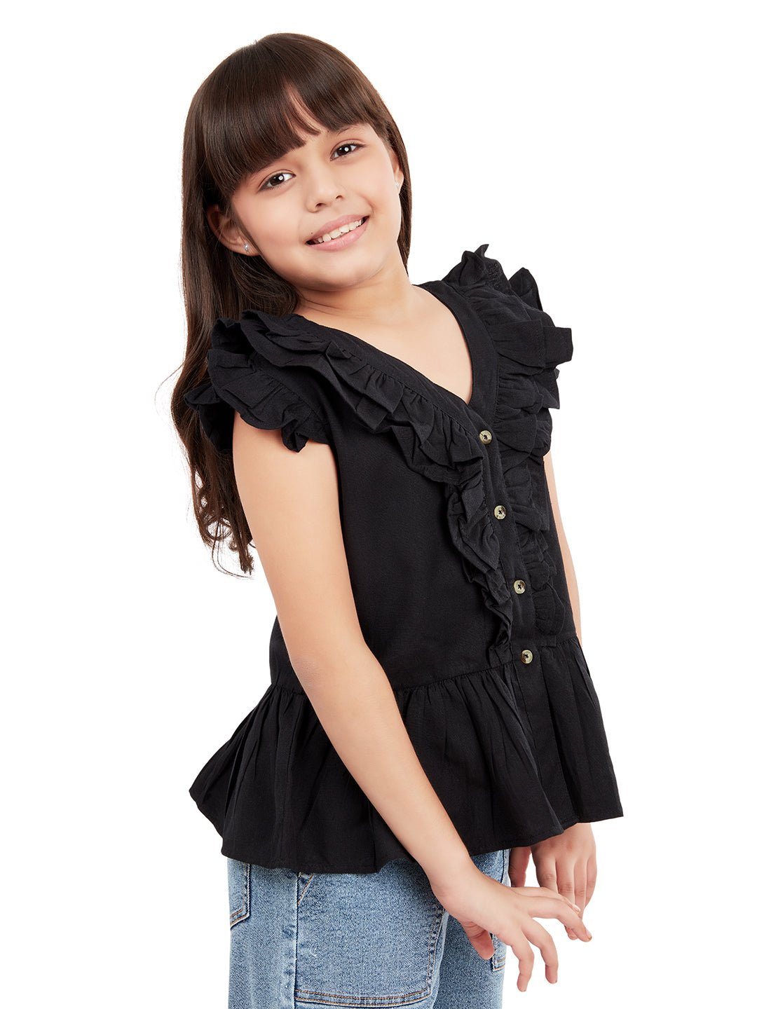 Olele® Girls Victoria Ruffle Top - Pure Black Mill Made Cotton
