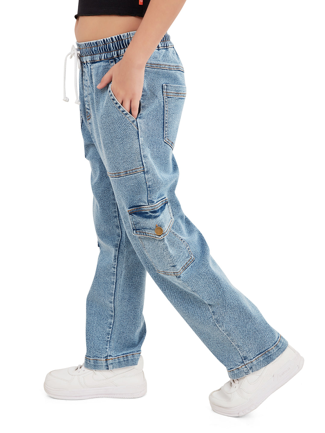 Left Side View of Girls Camila Cargo Denim Jeans Pant