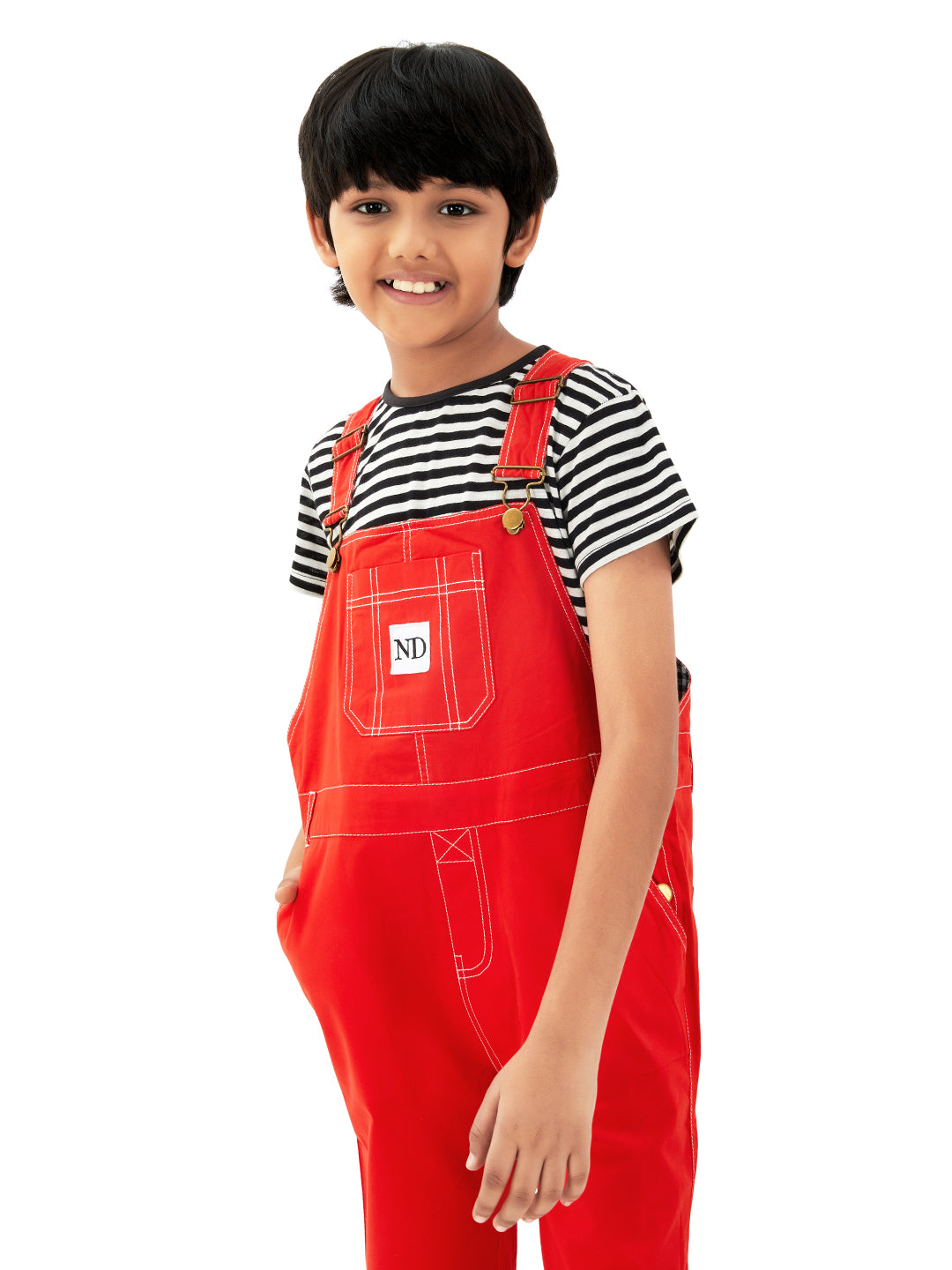 Olele® Boys Cotton Twill Ferrari Red Dungaree with Signature Contrast Hem Fold