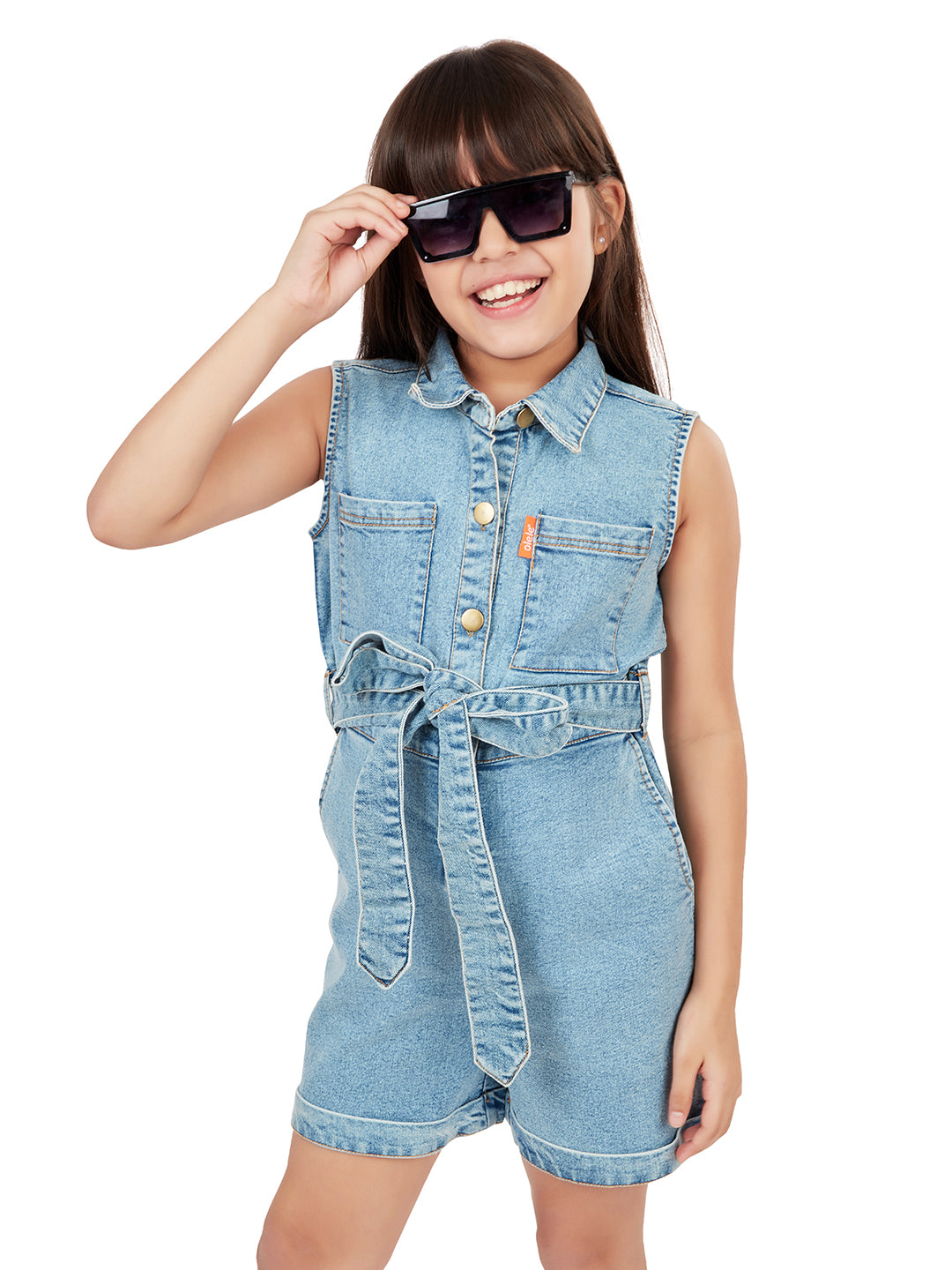 Olele® Girls Romi Cotton Denim Romper - Indigo Blue