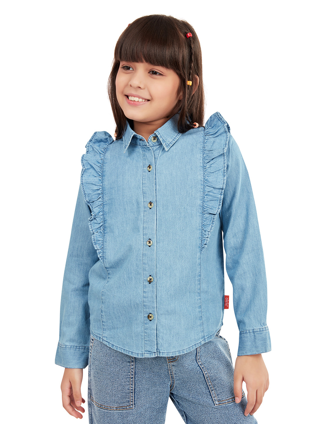 Olele® Girls Regina Full Sleeve Linen Denim Shirt - Light Blue