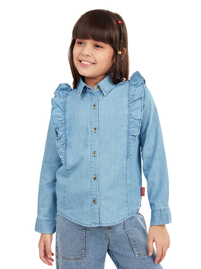 Olele® Girls Regina Full Sleeve Linen Denim Shirt - Light Blue