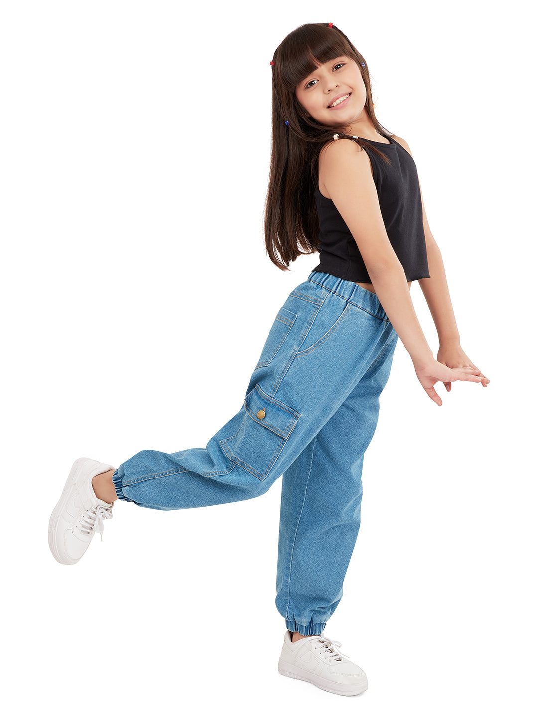 Olele® Girls Jackson Joggers Cotton Denim Jeans (Elasticated Waist)  - Indigo Blue