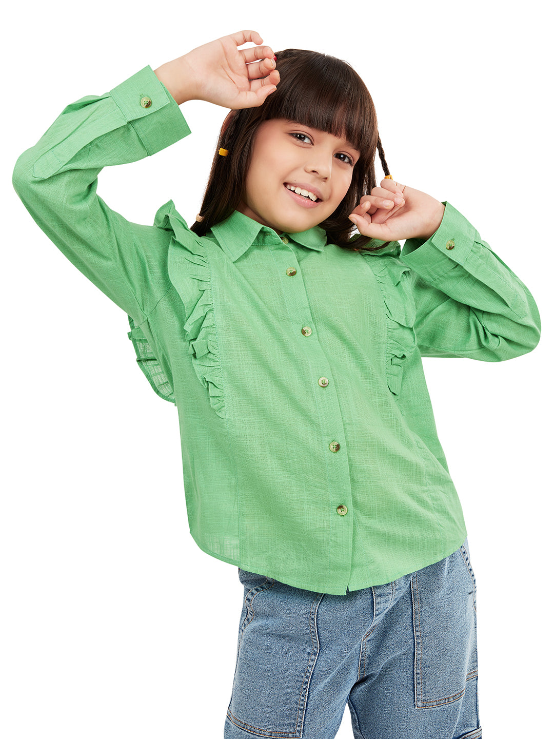 Olele® Girls Regina Full Sleeve Cotton Linen Shirt - Parrot Green