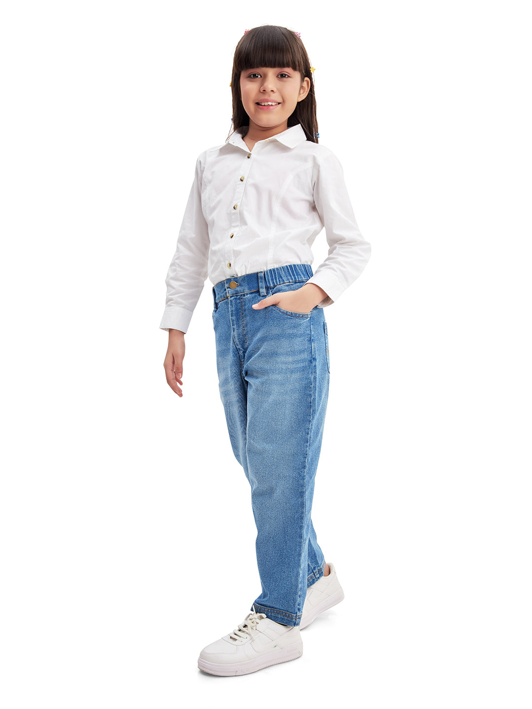 Olele® Girls Regular Fit Stretchable Vanilla Cotton Denim Jeans Pant