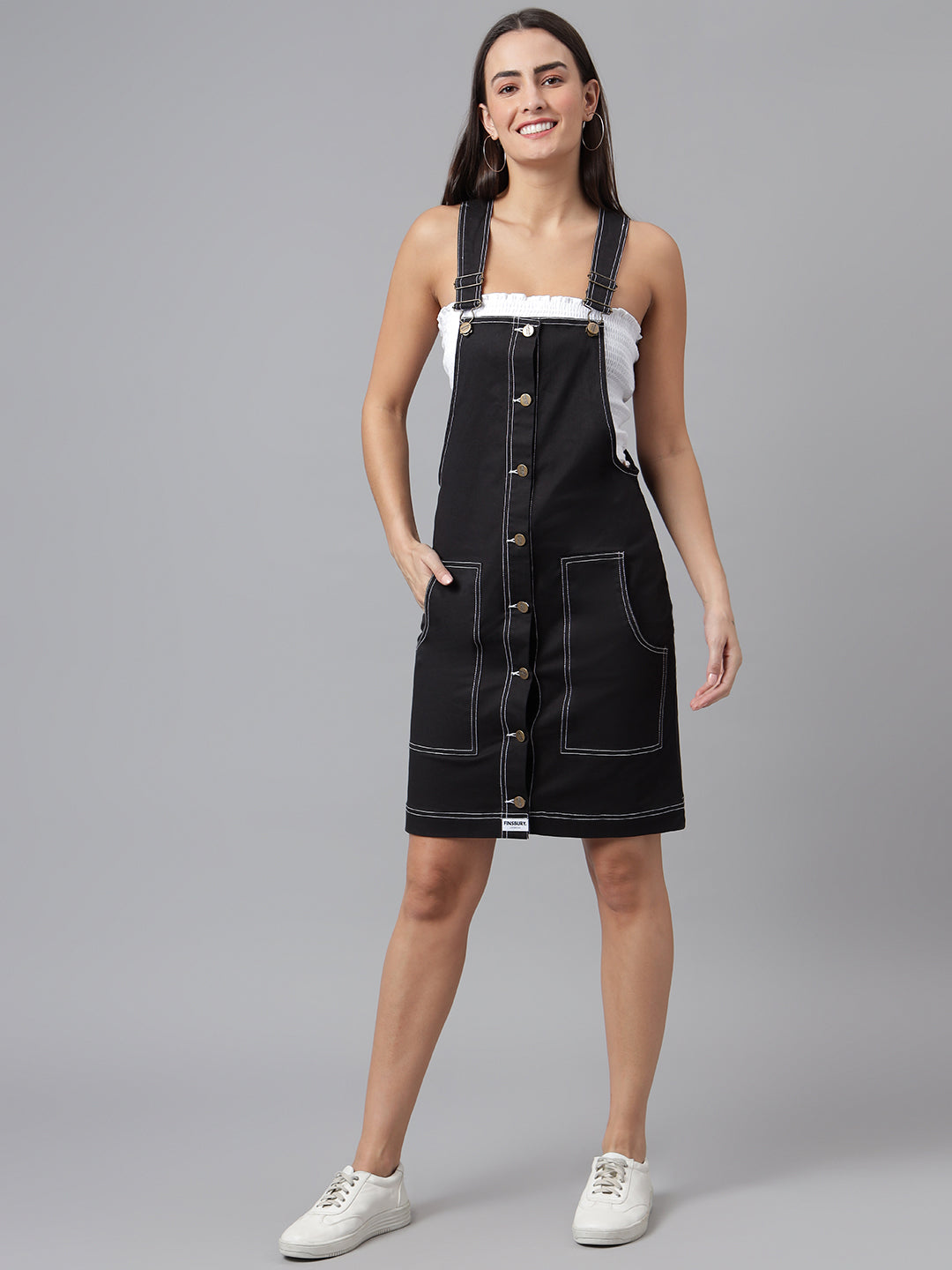 OLELE OVERALLS® Women's Dungaree Dress with Contrast Stitches - Ebony Black