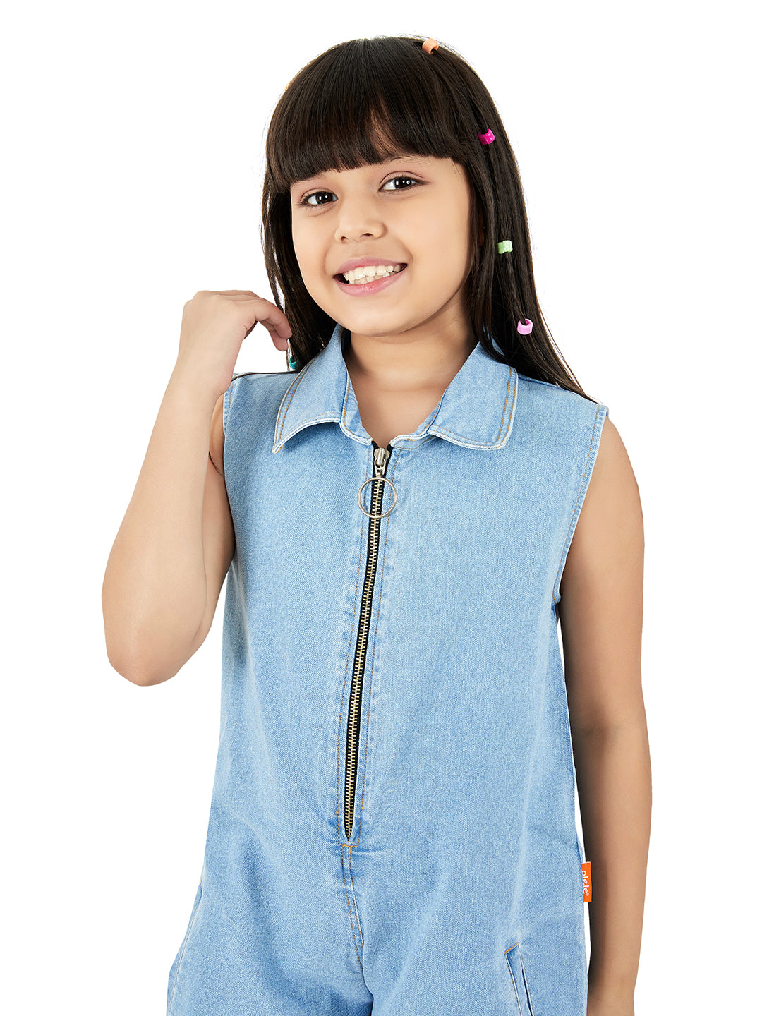 Olele® Girls Rockford Turn Down Collar Romper - Light Wash Denim