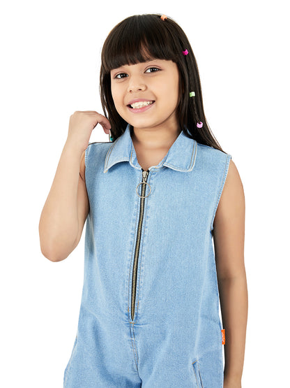 Olele® Girls Rockford Turn Down Collar Romper - Light Wash Denim