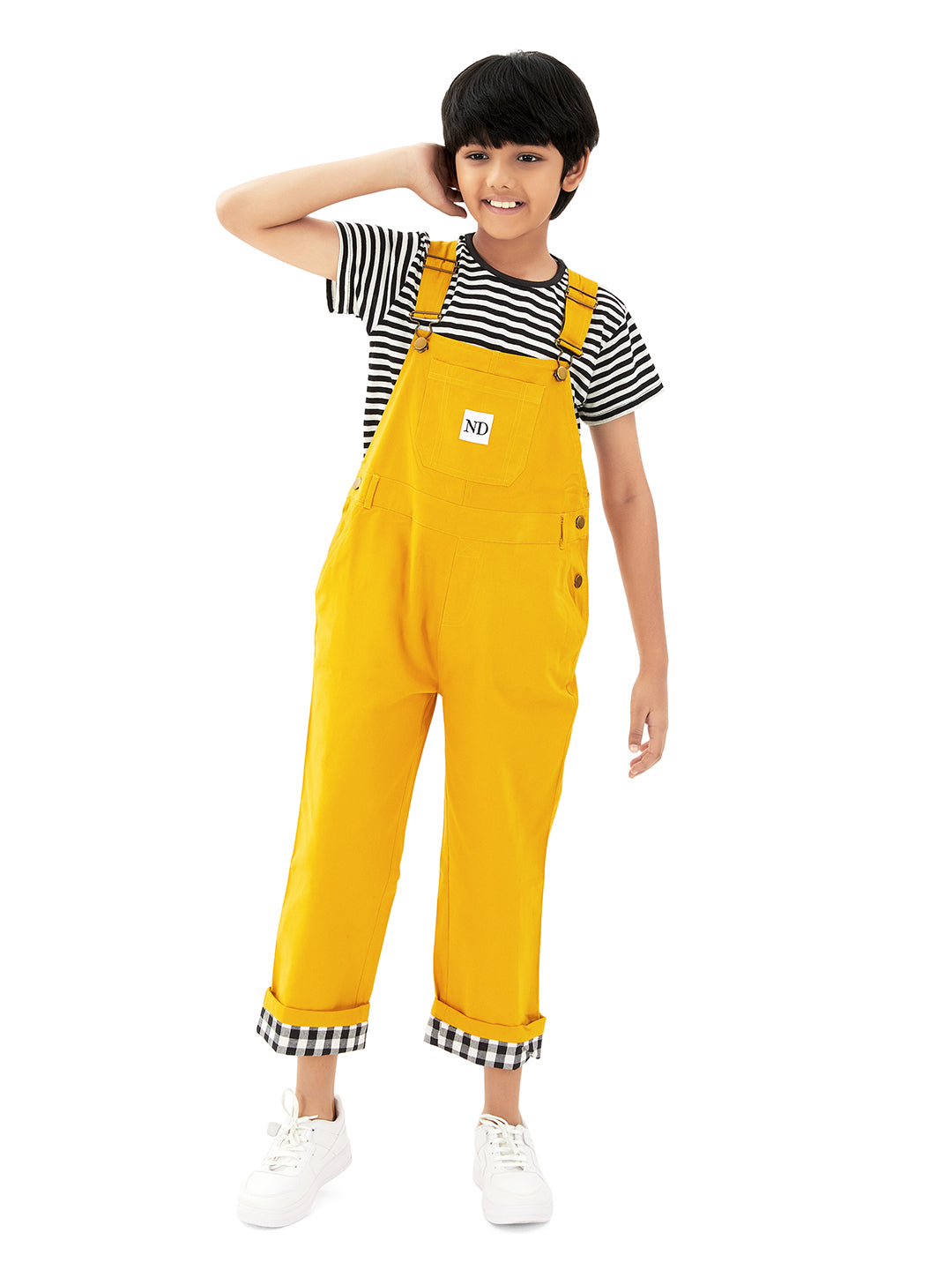 Olele® Full Length Signature Hemfold Yellow Cotton Dungaree - Boys