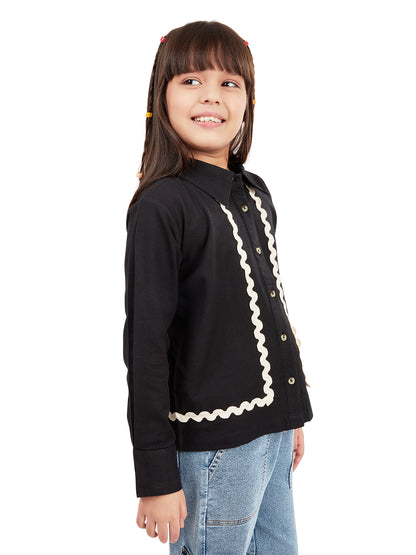 Olele® Girls Full Sleeve Linen Lace Shirt - Black