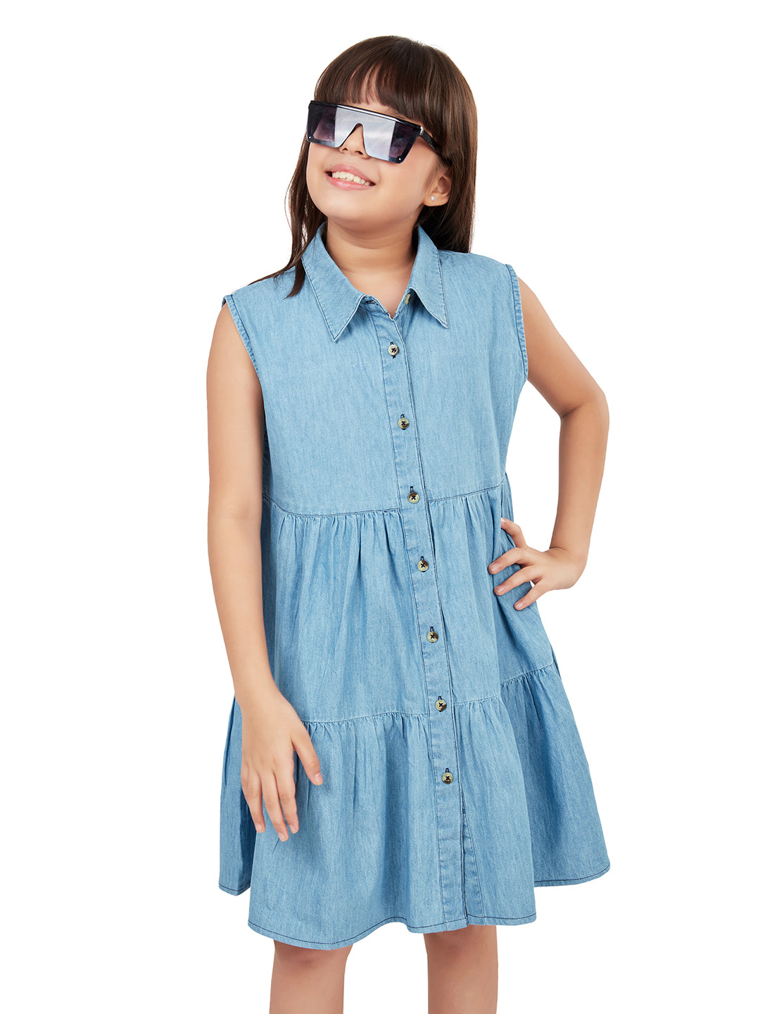 "Olele® Girls Stella Dress - Light Blue Denim "