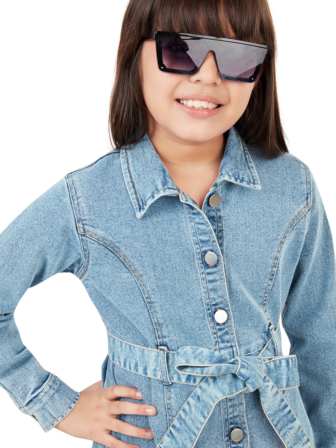 Olele® Girls Dallas Denim Full Sleeve Dress - Light Blue