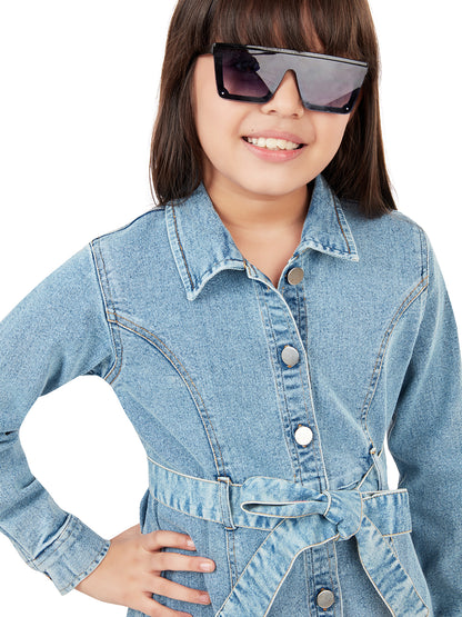 Olele® Girls Dallas Denim Full Sleeve Dress - Light Blue