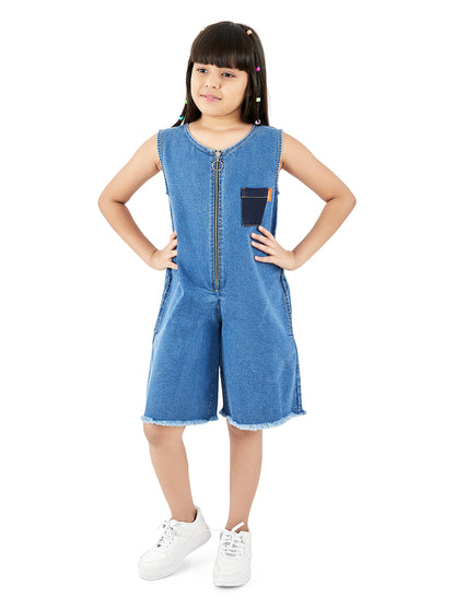 Olele® Girls Richmond Front Metal Zipper Romper - Cotton Denim