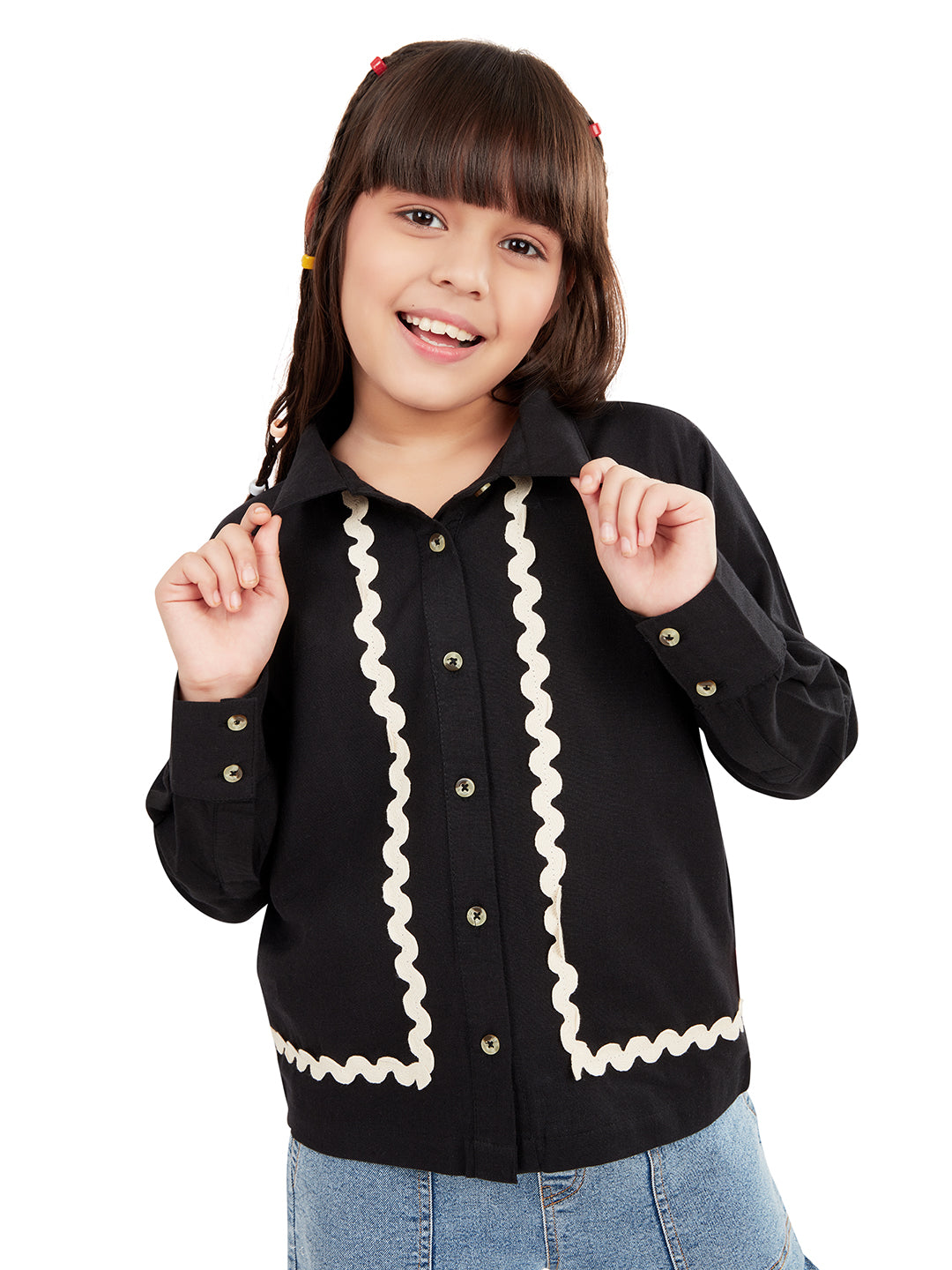 Olele® Girls Full Sleeve Linen Lace Shirt - Black