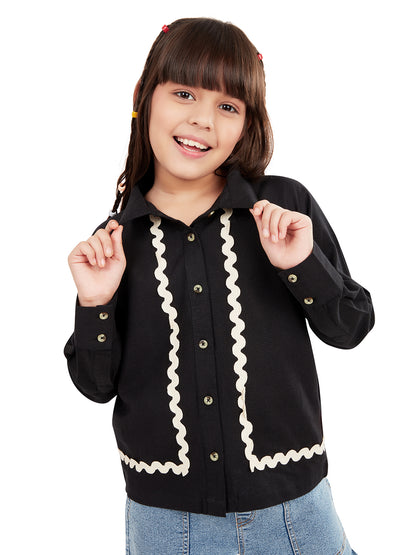 Olele® Girls Full Sleeve Linen Lace Shirt - Black