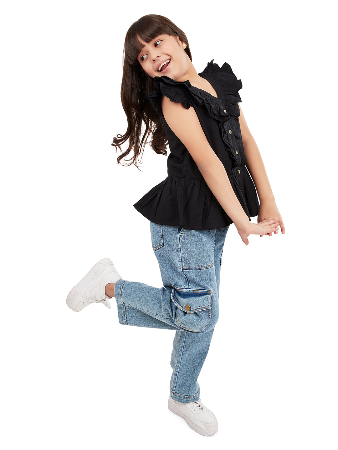 Olele® Girls Victoria Ruffle Top - Pure Black Mill Made Cotton