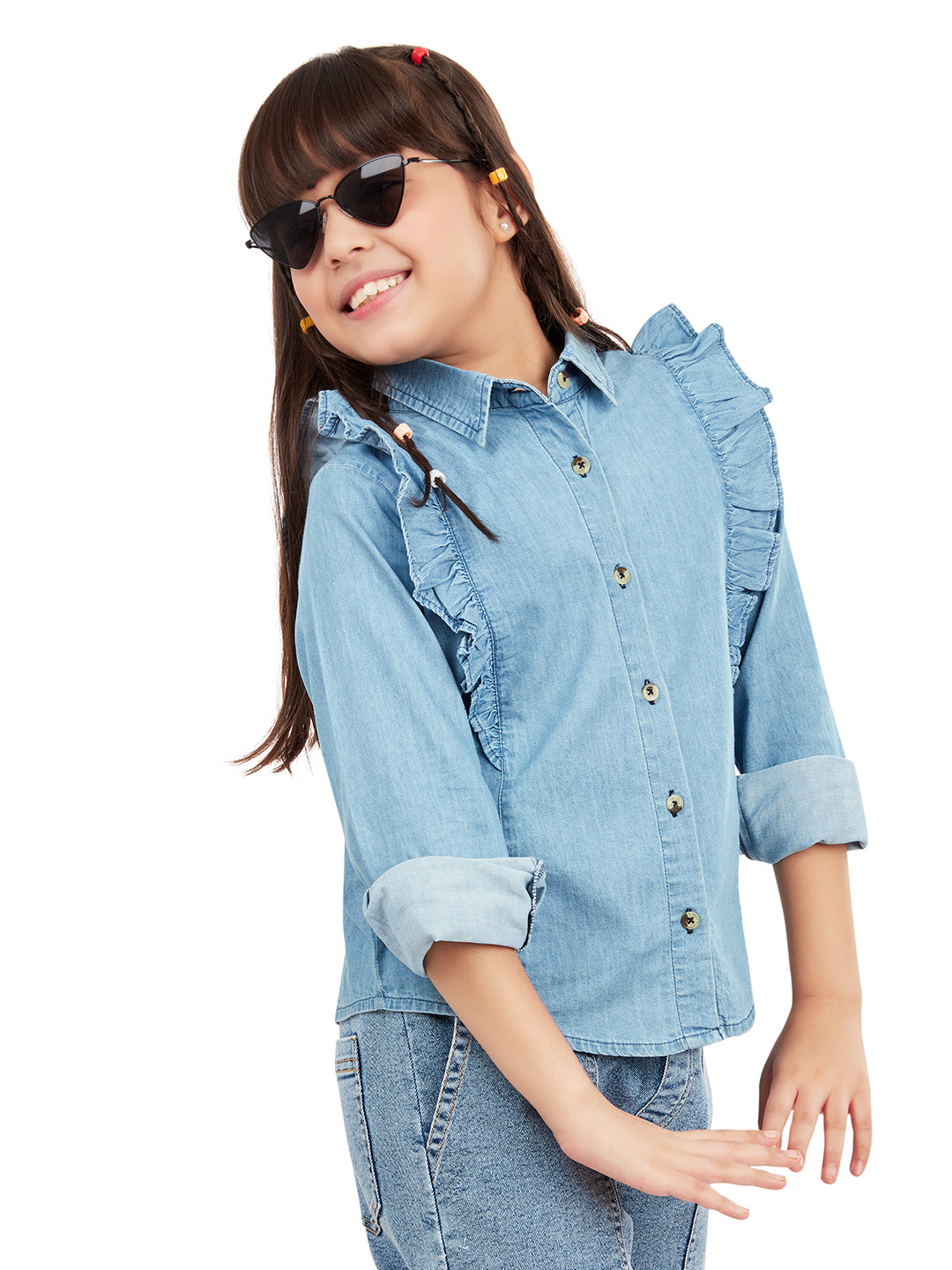 Olele® Girls Regina Full Sleeve Linen Denim Shirt - Light Blue