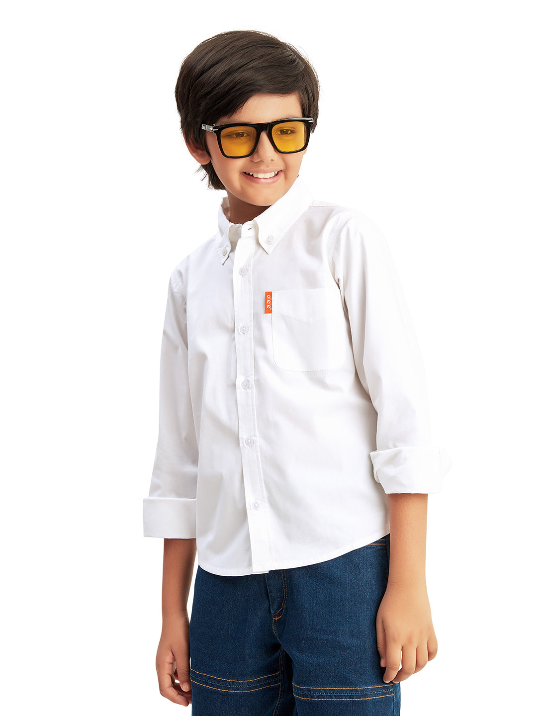 Olele® Boys Full Sleeves Button Down Front Pocket Formal Pure Cotton Plain Shirt - Bright White