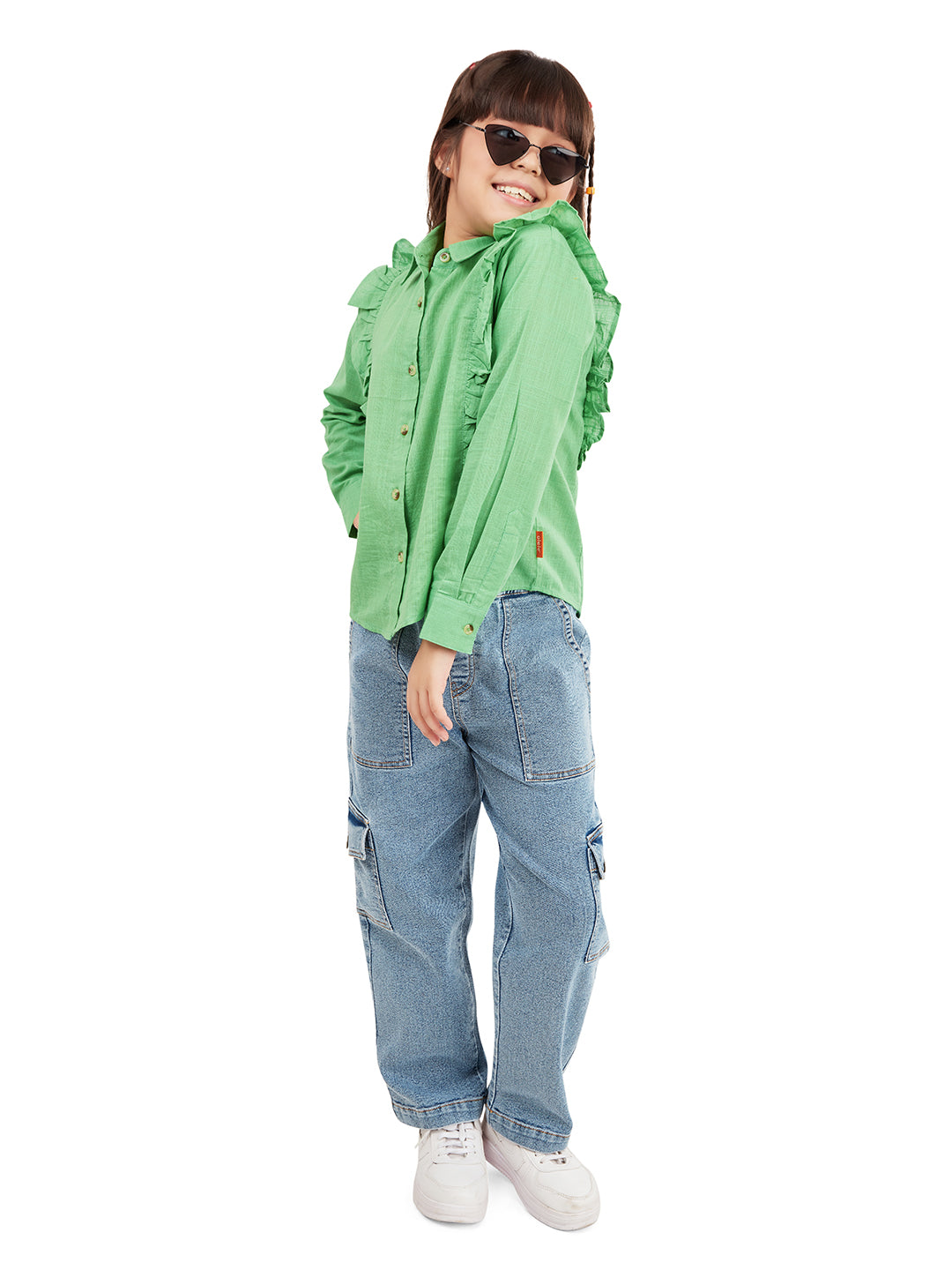 Olele® Girls Regina Full Sleeve Cotton Linen Shirt - Parrot Green