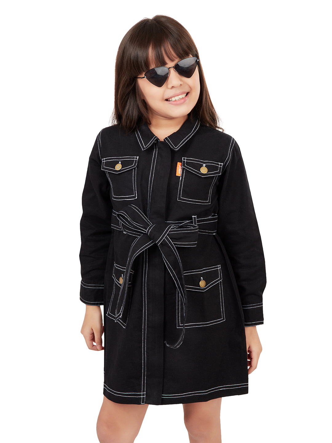 Olele® Girls Utility Cotton Full Sleeve Dress - Black