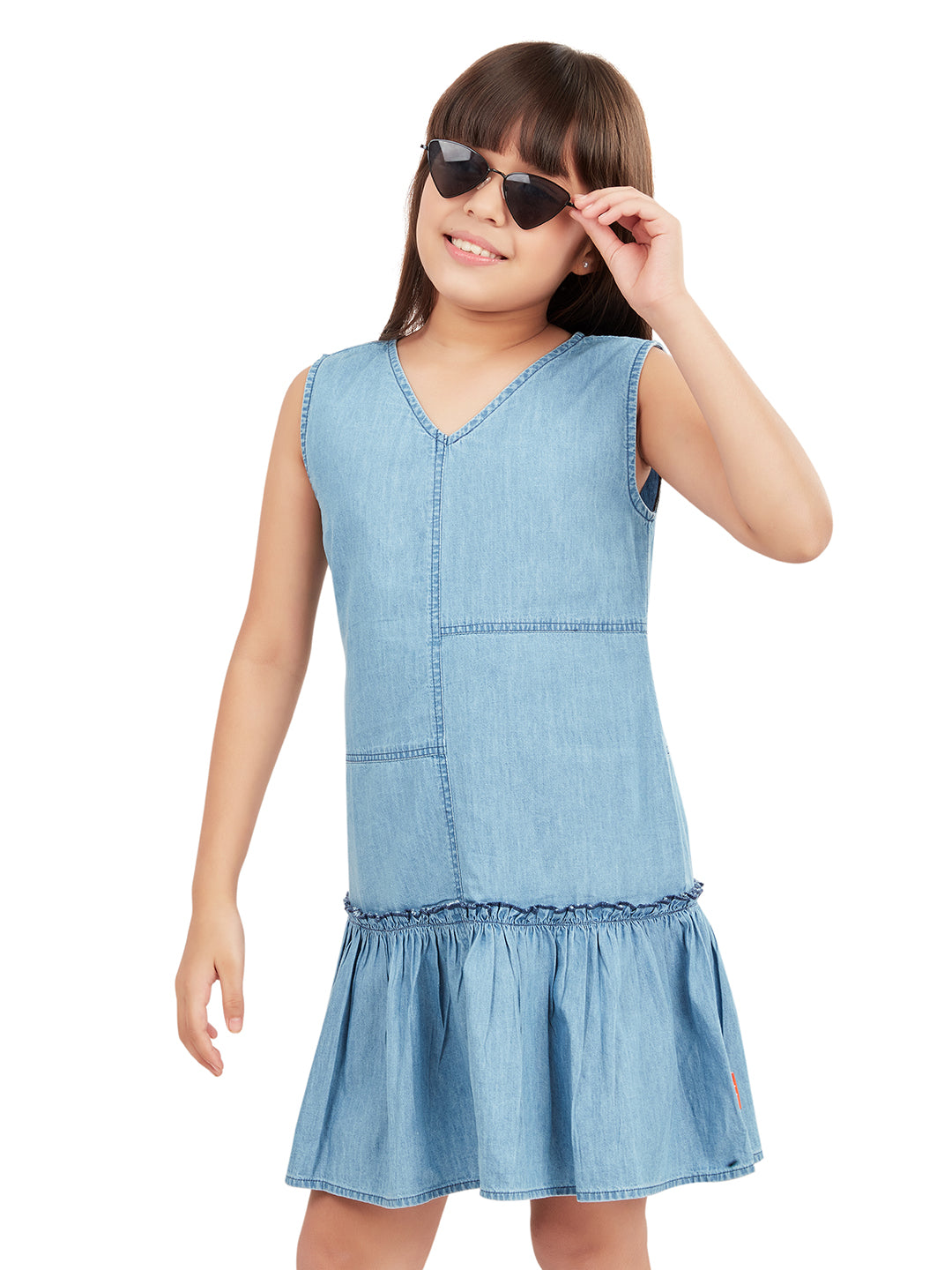 Olele® Girls Rohtak Ruffle Cotton Denim Dress - Light Blue
