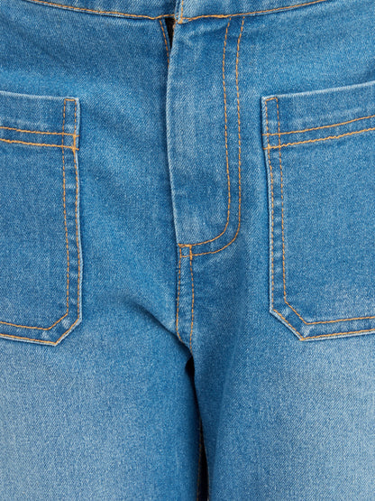 Olele® Girls Windsor Wide Leg Cotton Denim Jeans Regular Fit Stretchable (Elasticated Waist)  - Indigo Blue