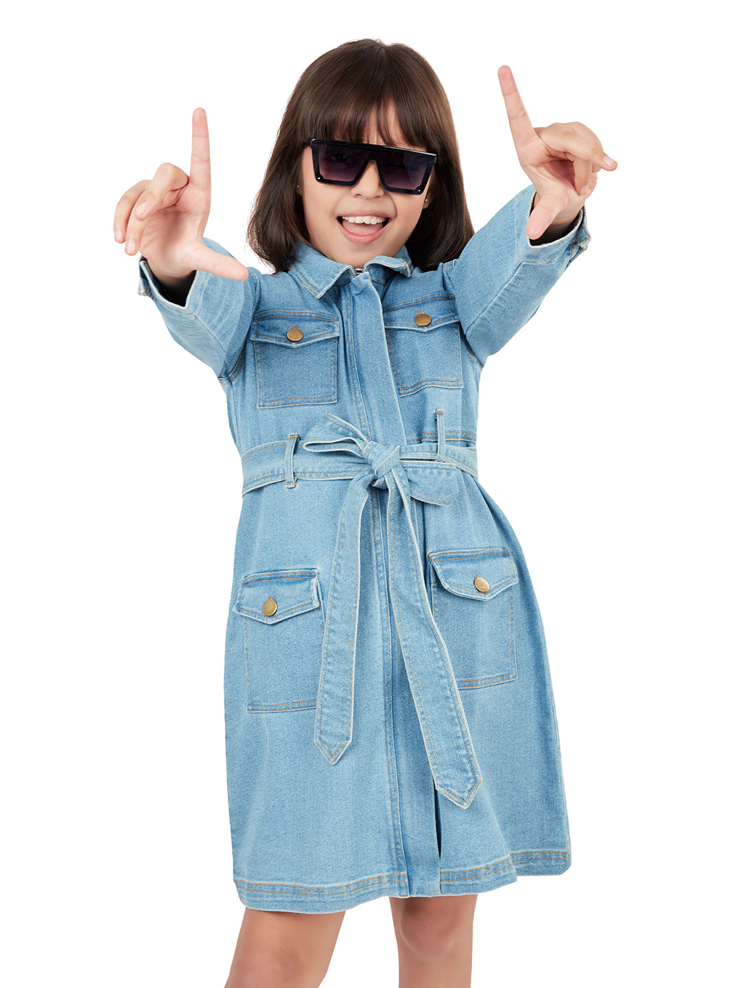 Olele® Girls Utility Cotton Denim Full Sleeve Dress - Blue