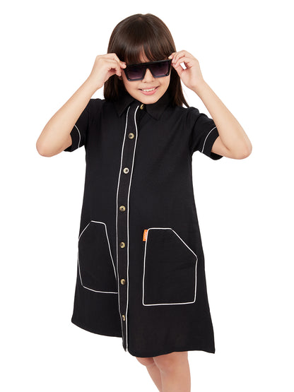 Olele® Girls Piping Art Cotton Short Sleeves Shirt Dress - Black