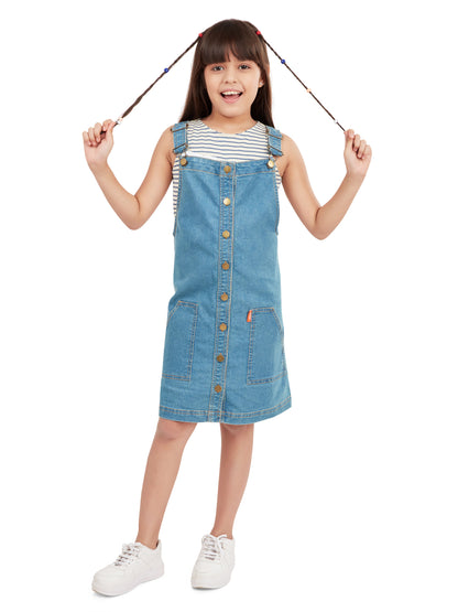 Olele® Girls Vanilla Cotton Denim Dungaree Dress - Blue