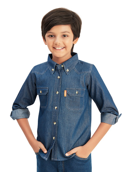 Olele® Boys Full Sleeves Button Down Cotton Light Denim Shirt - Blue