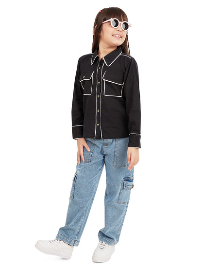 Olele® Girls Piping Art Cotton Full Sleeves Shirt - Black
