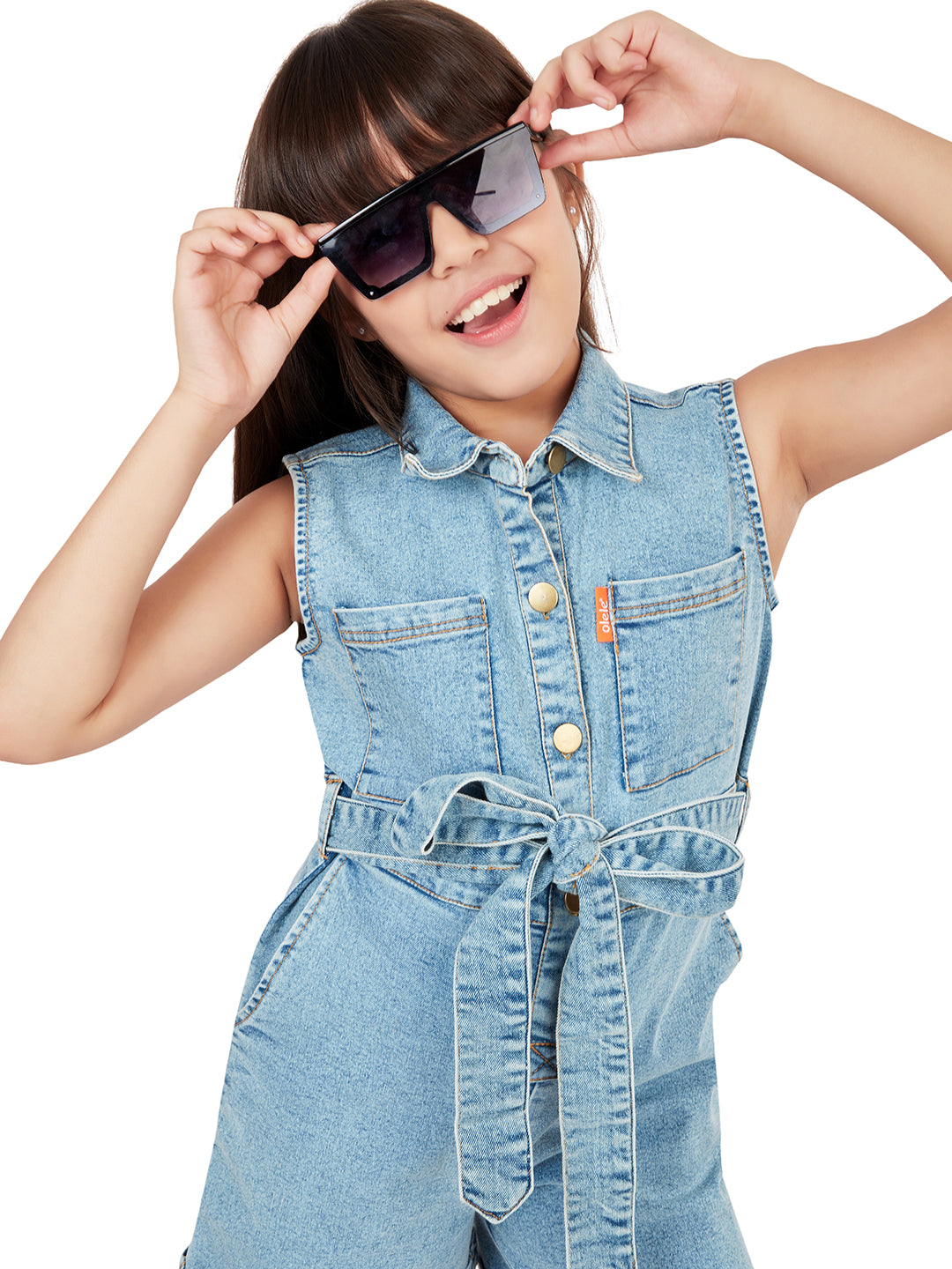 Olele® Girls Romi Cotton Denim Romper - Indigo Blue