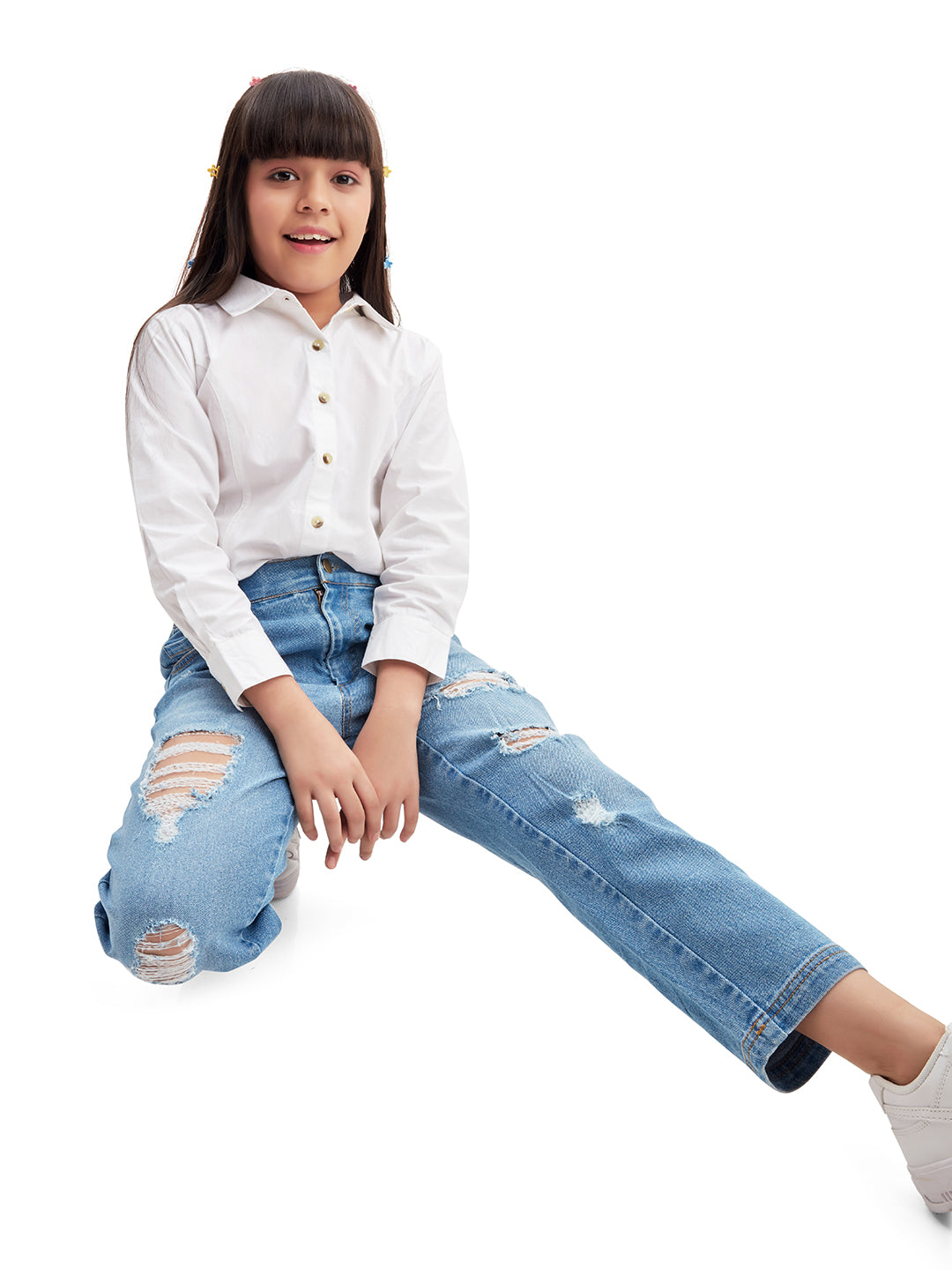 Comfort of Olele® Girls Regular Fit Stretchable Distressed Wash Vanilla Jeans Pant - Cotton Denim