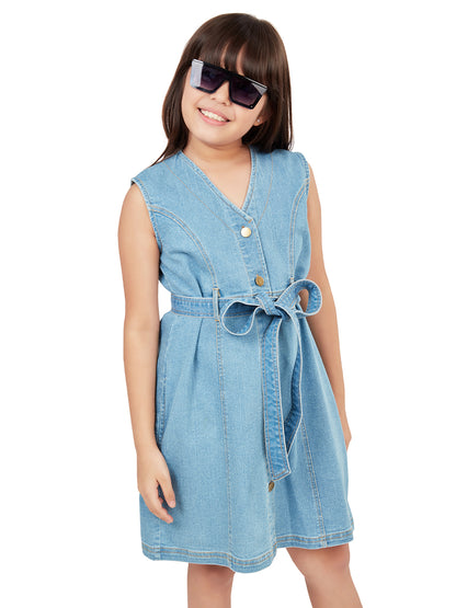 Olele® Girls Dallas Denim V-Neck Dress  - Light Blue