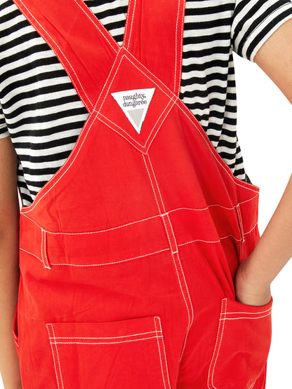 Olele® Boys Cotton Twill Ferrari Red Dungaree with Signature Contrast Hem Fold